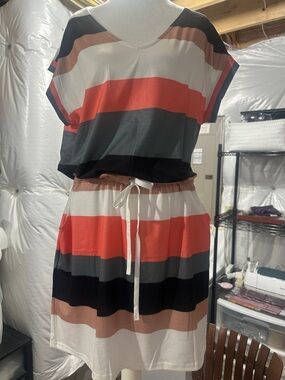 Striped Coral & Black Drawstring Waist Dress
